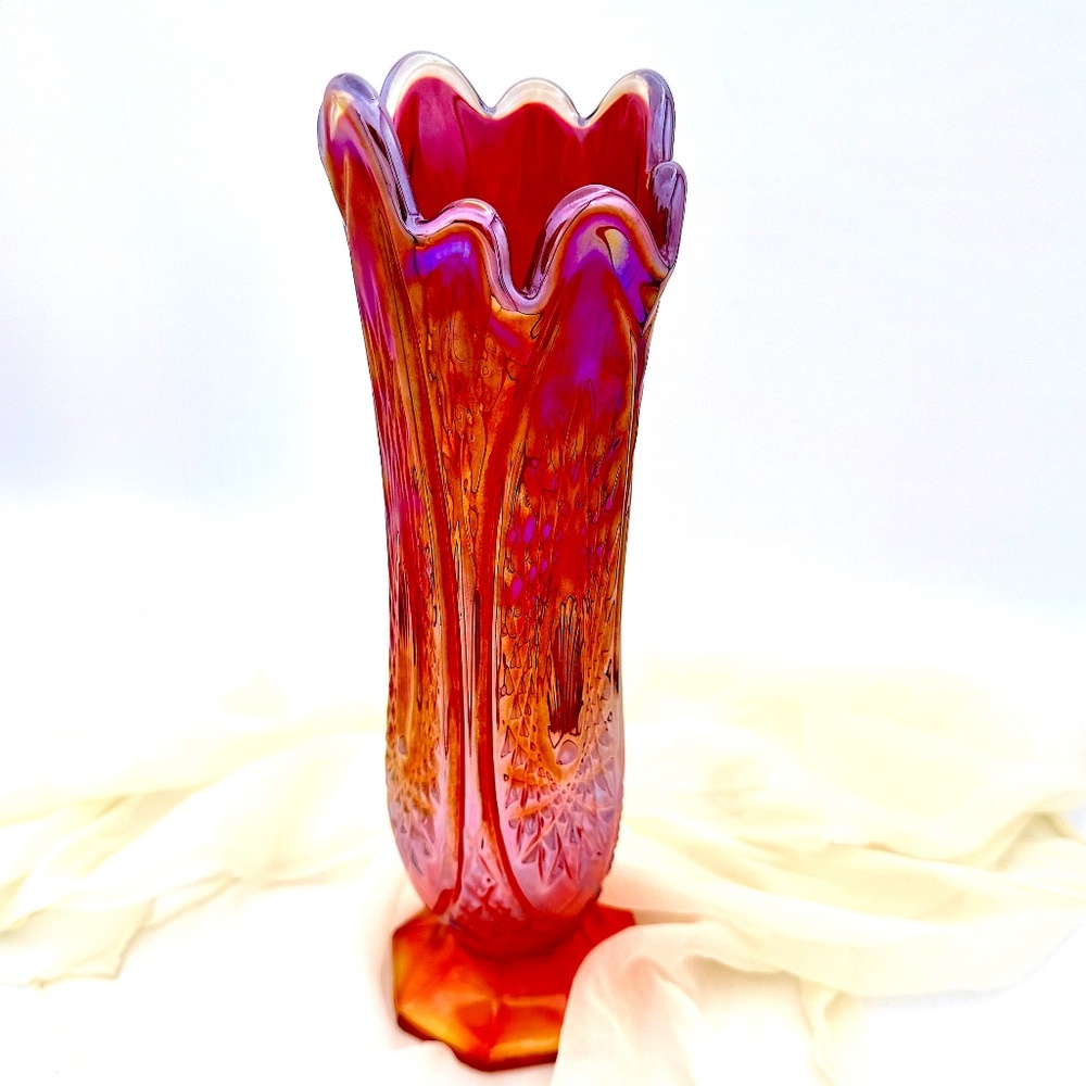 π SOLD π Carnival Glass Swung Vase Vintage Orange Red Eclectic Artistic Decor - Picture 10 of 10